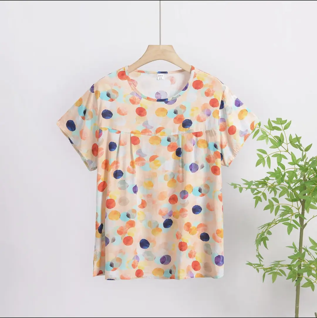 Cotton Silk Pullover T-Shirt Middle-Aged and Elderly Mother's Wear Women's Top Summer Thin Artificial Cotton Printed Loose Floral Shirt