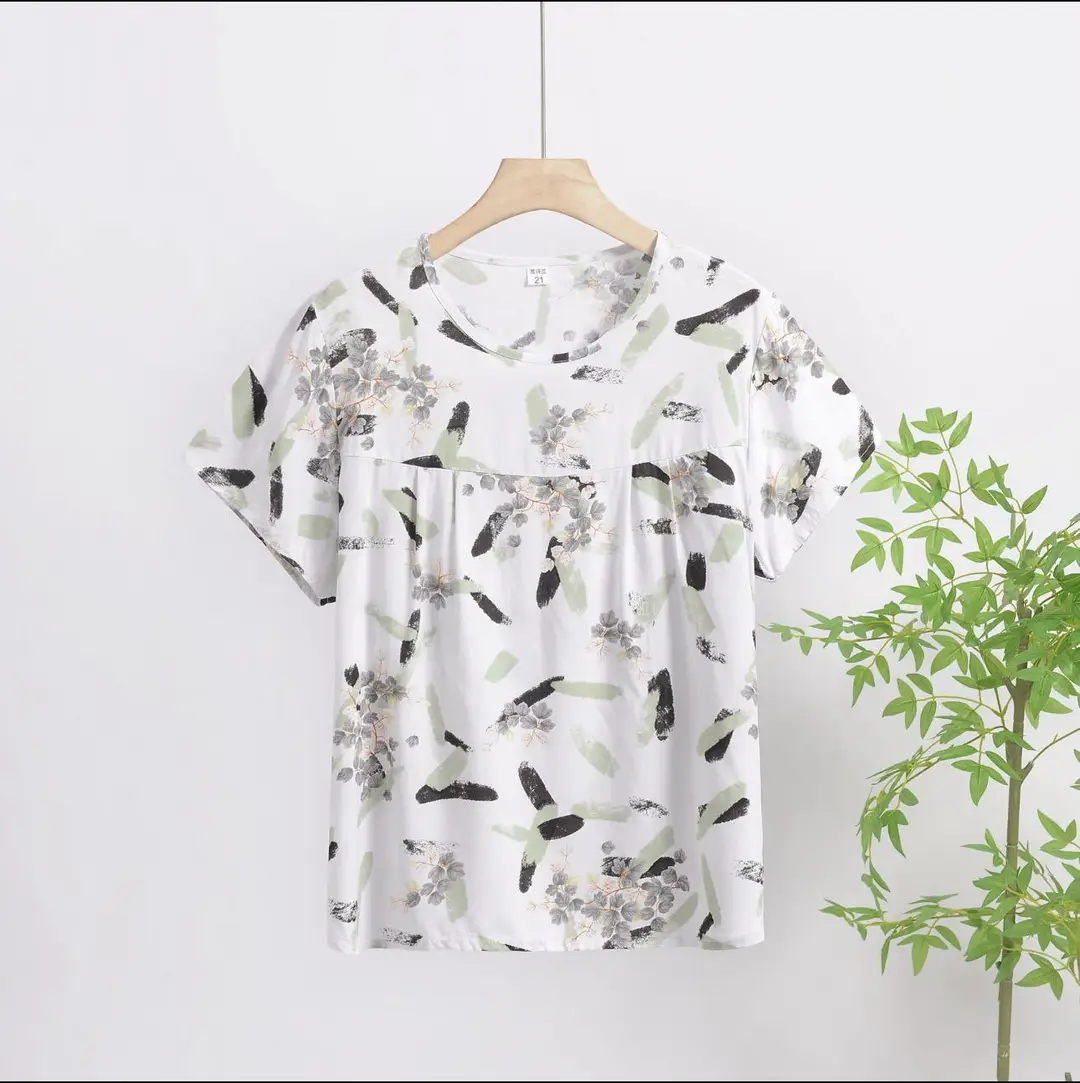 Cotton Silk Pullover T-Shirt Middle-Aged and Elderly Mother's Wear Women's Top Summer Thin Artificial Cotton Printed Loose Floral Shirt