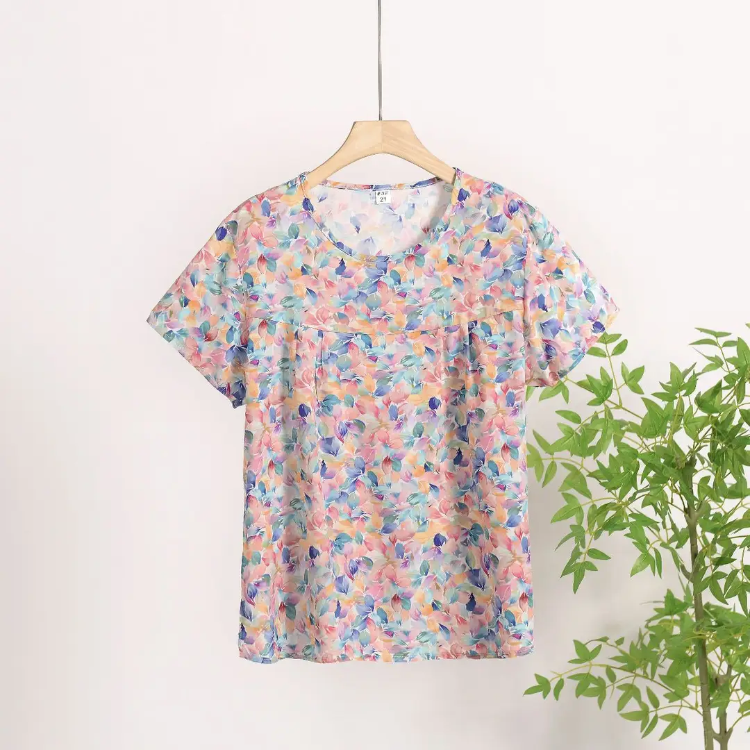 Cotton Silk Pullover T-Shirt Middle-Aged and Elderly Mother's Wear Women's Top Summer Thin Artificial Cotton Printed Loose Floral Shirt