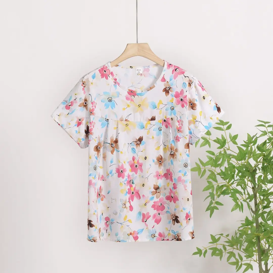 Cotton Silk Pullover T-Shirt Middle-Aged and Elderly Mother's Wear Women's Top Summer Thin Artificial Cotton Printed Loose Floral Shirt