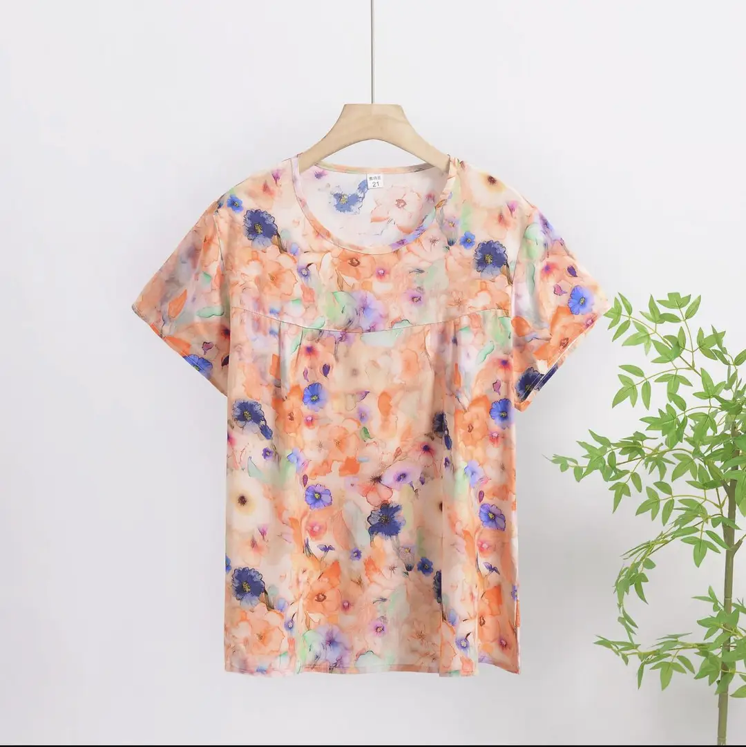 Cotton Silk Pullover T-Shirt Middle-Aged and Elderly Mother's Wear Women's Top Summer Thin Artificial Cotton Printed Loose Floral Shirt