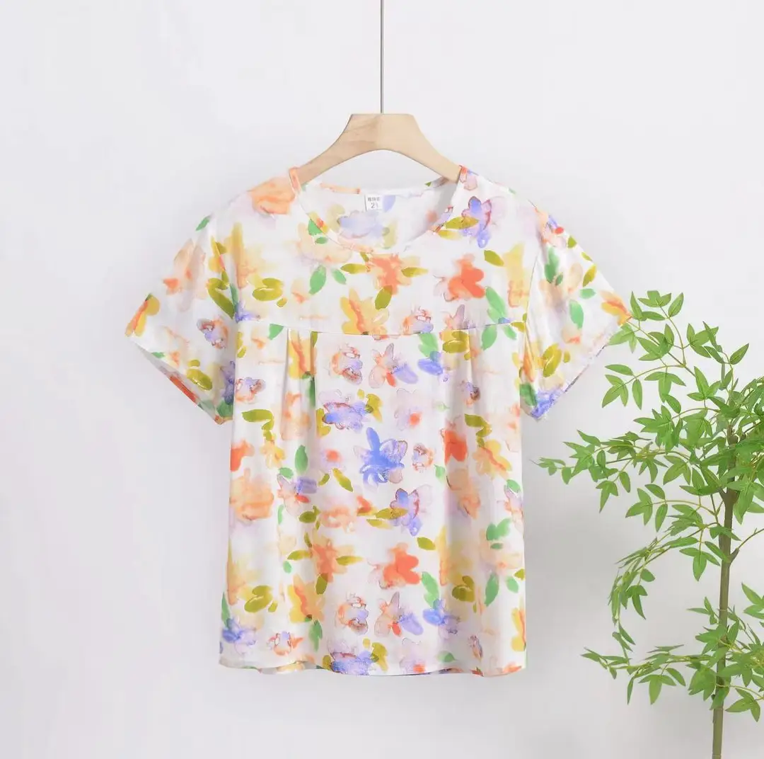 Cotton Silk Pullover T-Shirt Middle-Aged and Elderly Mother's Wear Women's Top Summer Thin Artificial Cotton Printed Loose Floral Shirt