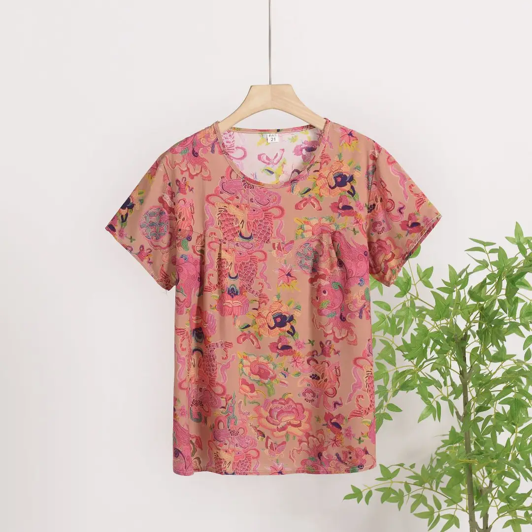 Cotton Silk Pullover T-Shirt Middle-Aged and Elderly Mother's Wear Women's Top Summer Thin Artificial Cotton Printed Loose Floral Shirt