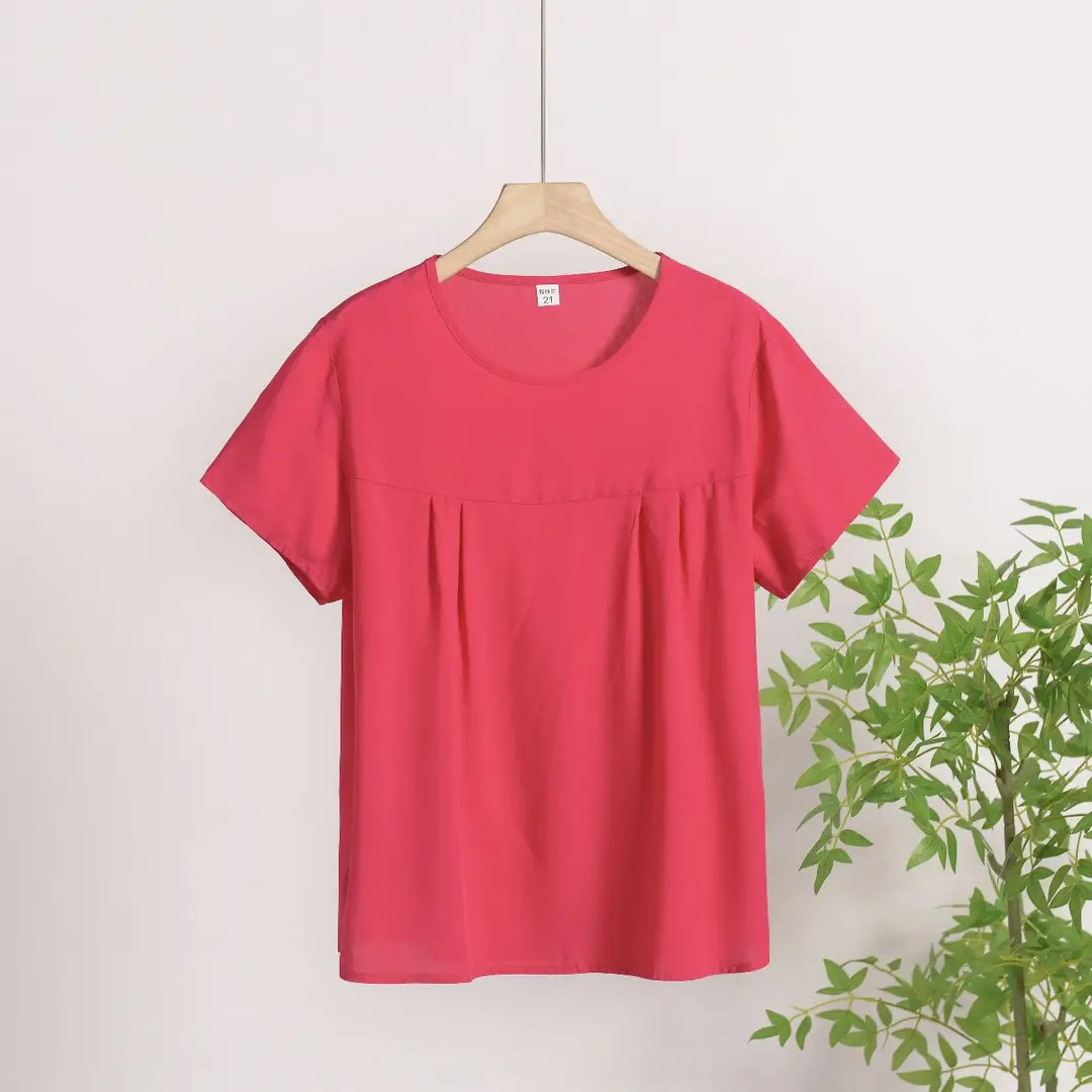 Cotton Silk Pullover T-Shirt Middle-Aged and Elderly Mother's Wear Women's Top Summer Thin Artificial Cotton Printed Loose Floral Shirt