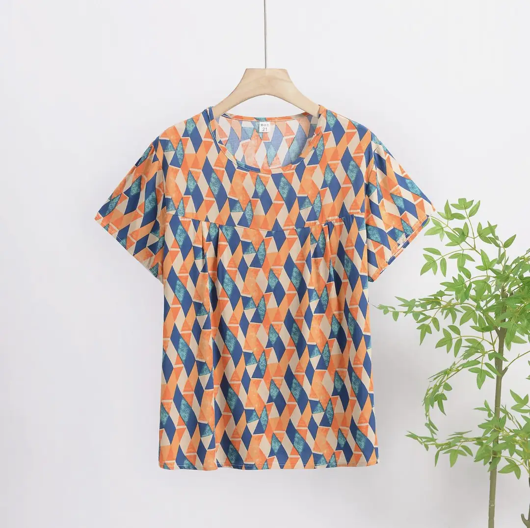 Cotton Silk Pullover T-Shirt Middle-Aged and Elderly Mother's Wear Women's Top Summer Thin Artificial Cotton Printed Loose Floral Shirt