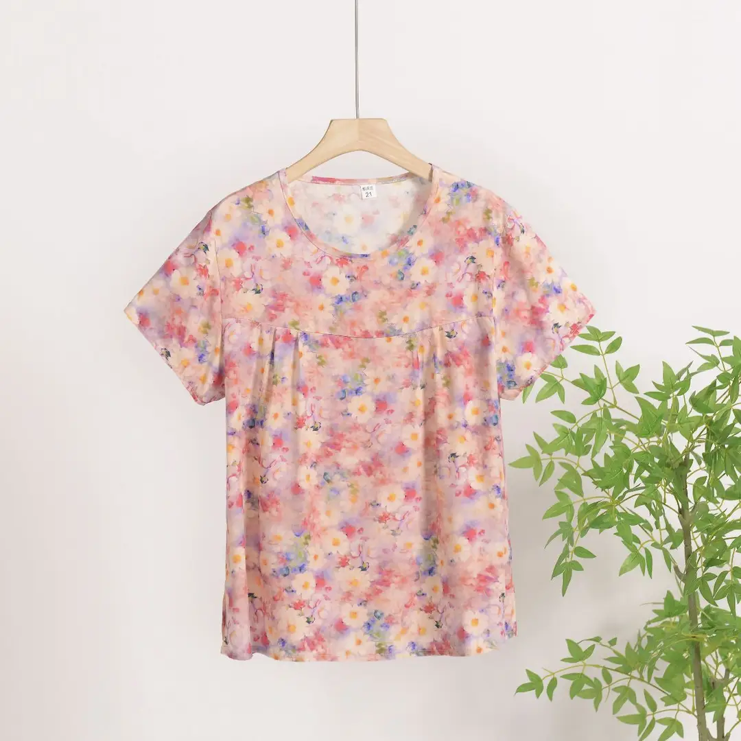 Cotton Silk Pullover T-Shirt Middle-Aged and Elderly Mother's Wear Women's Top Summer Thin Artificial Cotton Printed Loose Floral Shirt