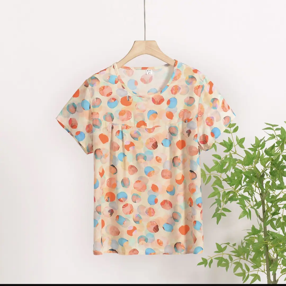 Cotton Silk Pullover T-Shirt Middle-Aged and Elderly Mother's Wear Women's Top Summer Thin Artificial Cotton Printed Loose Floral Shirt