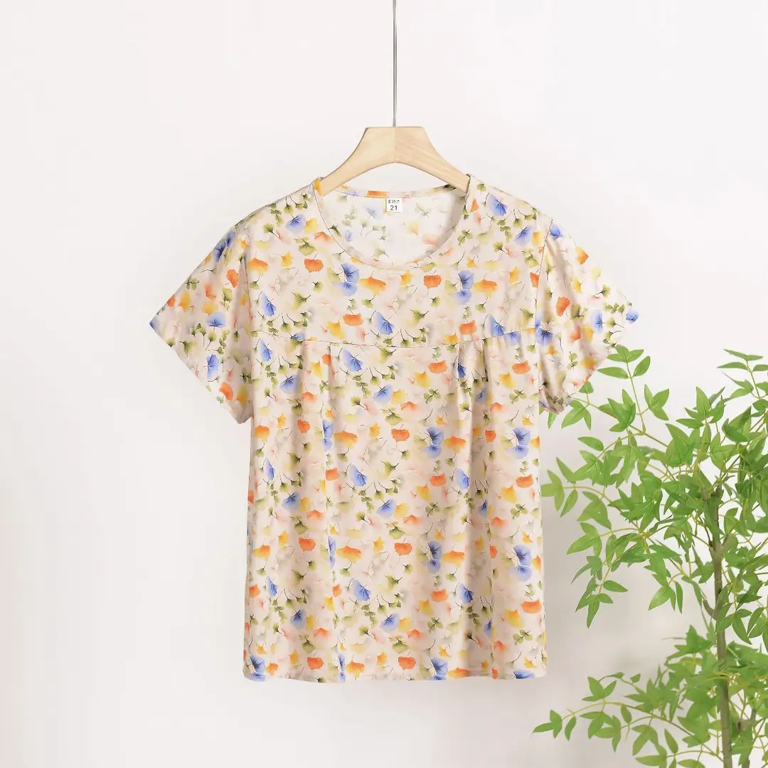 Cotton Silk Pullover T-Shirt Middle-Aged and Elderly Mother's Wear Women's Top Summer Thin Artificial Cotton Printed Loose Floral Shirt