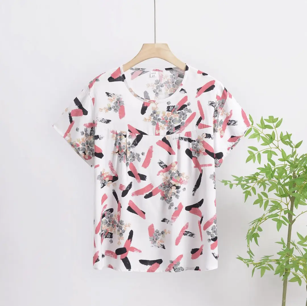 Cotton Silk Pullover T-Shirt Middle-Aged and Elderly Mother's Wear Women's Top Summer Thin Artificial Cotton Printed Loose Floral Shirt