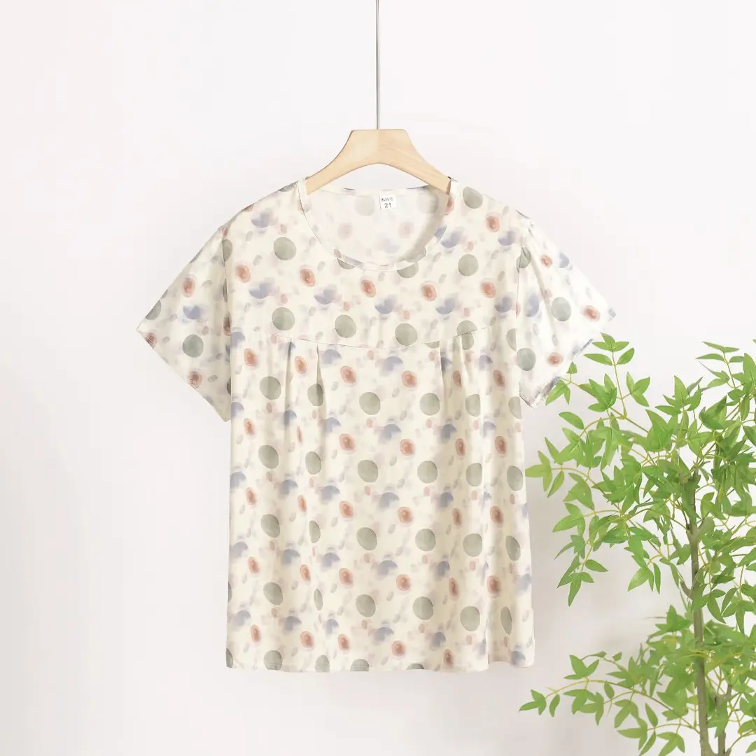 Cotton Silk Pullover T-Shirt Middle-Aged and Elderly Mother's Wear Women's Top Summer Thin Artificial Cotton Printed Loose Floral Shirt