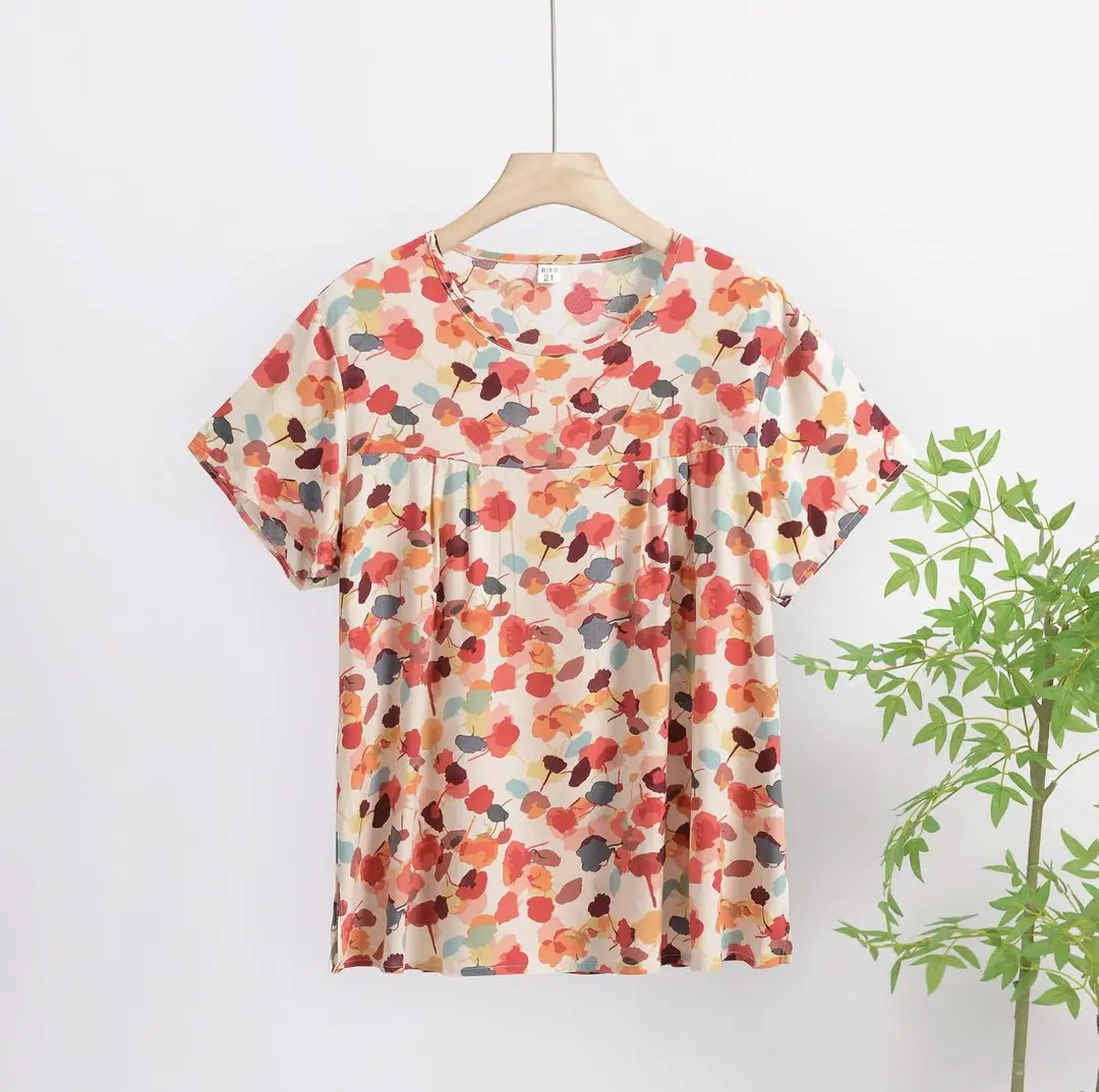 Cotton Silk Pullover T-Shirt Middle-Aged and Elderly Mother's Wear Women's Top Summer Thin Artificial Cotton Printed Loose Floral Shirt