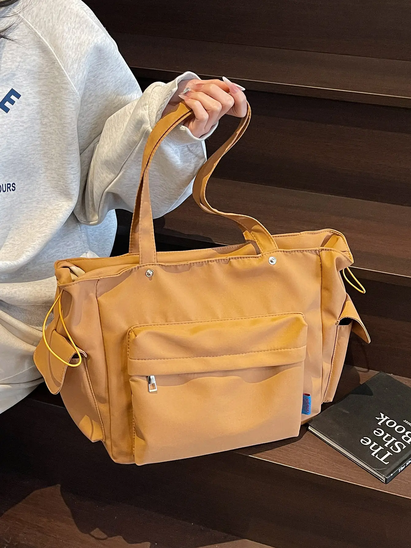 White Canvas Multi-Pocket Shoulder Bag Large Capacity - Image 7