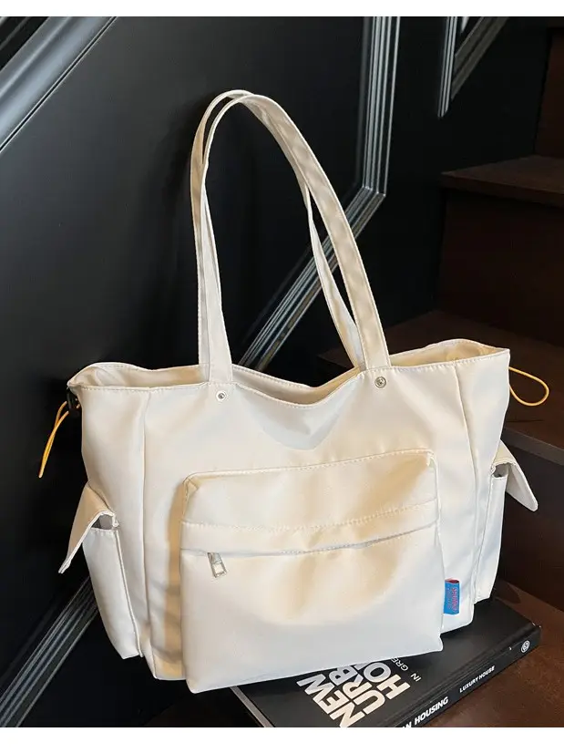 White Canvas Multi-Pocket Shoulder Bag Large Capacity - Image 8