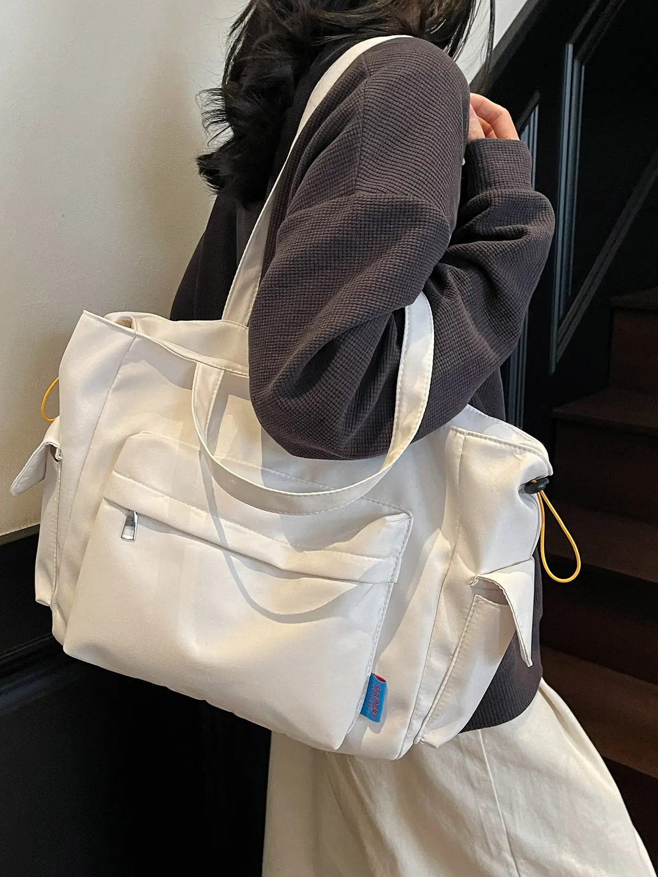 White Canvas Multi-Pocket Shoulder Bag Large Capacity — feature 30