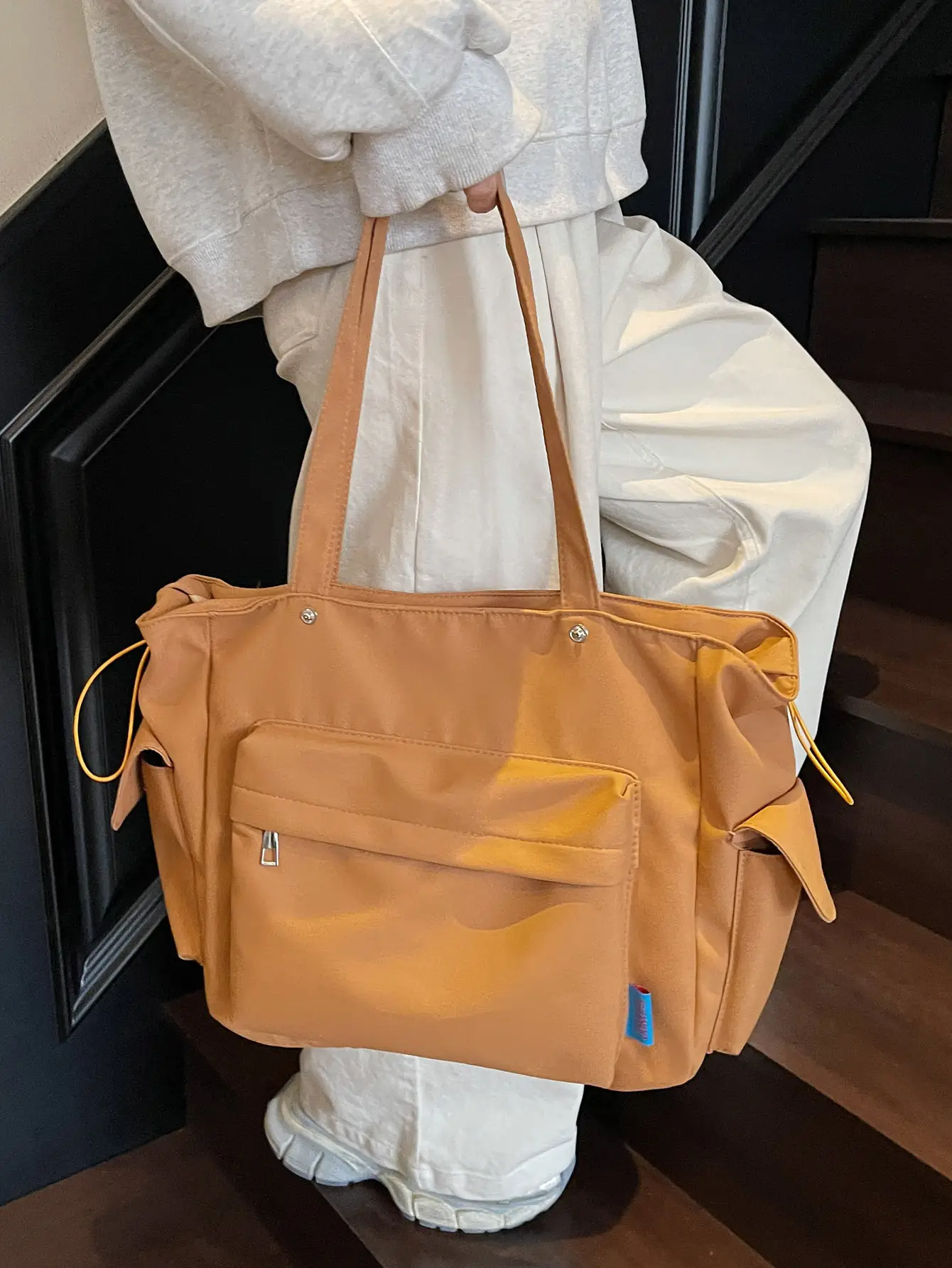 White Canvas Multi-Pocket Shoulder Bag Large Capacity - Image 2