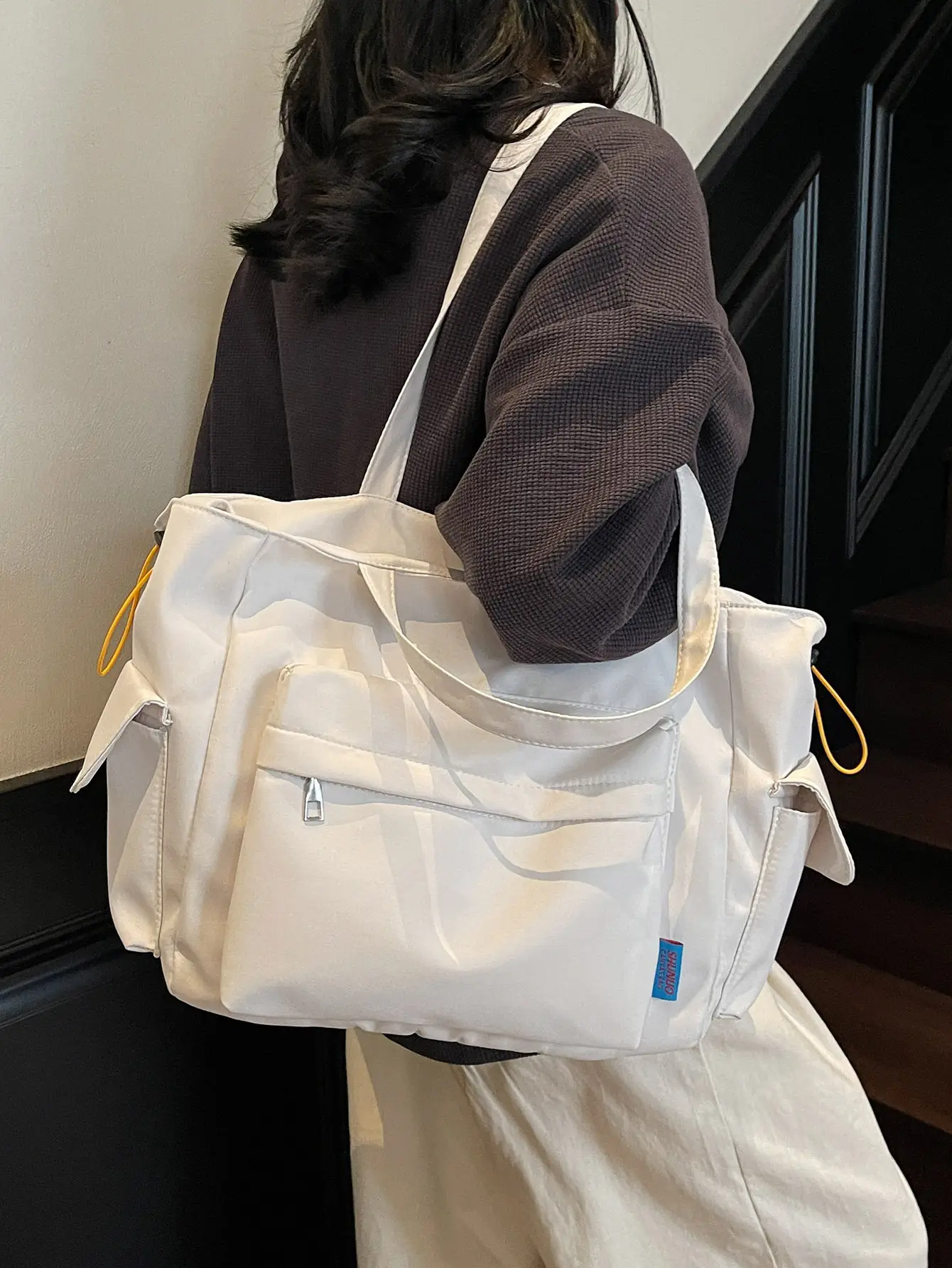 White Canvas Multi-Pocket Shoulder Bag Large Capacity - Image 3