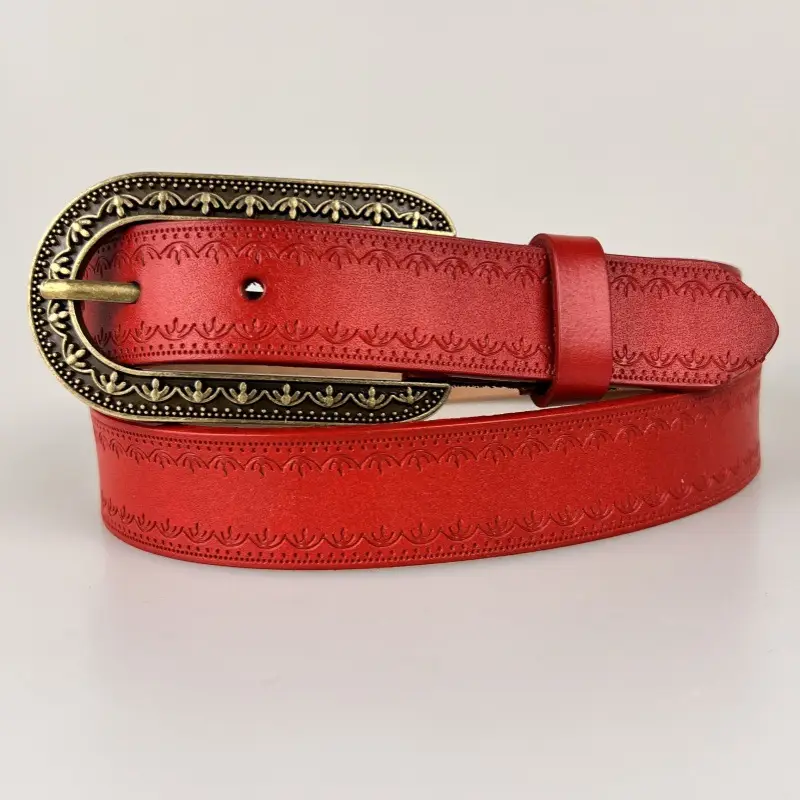 Red Distressed Leather Belt with Gold Buckle