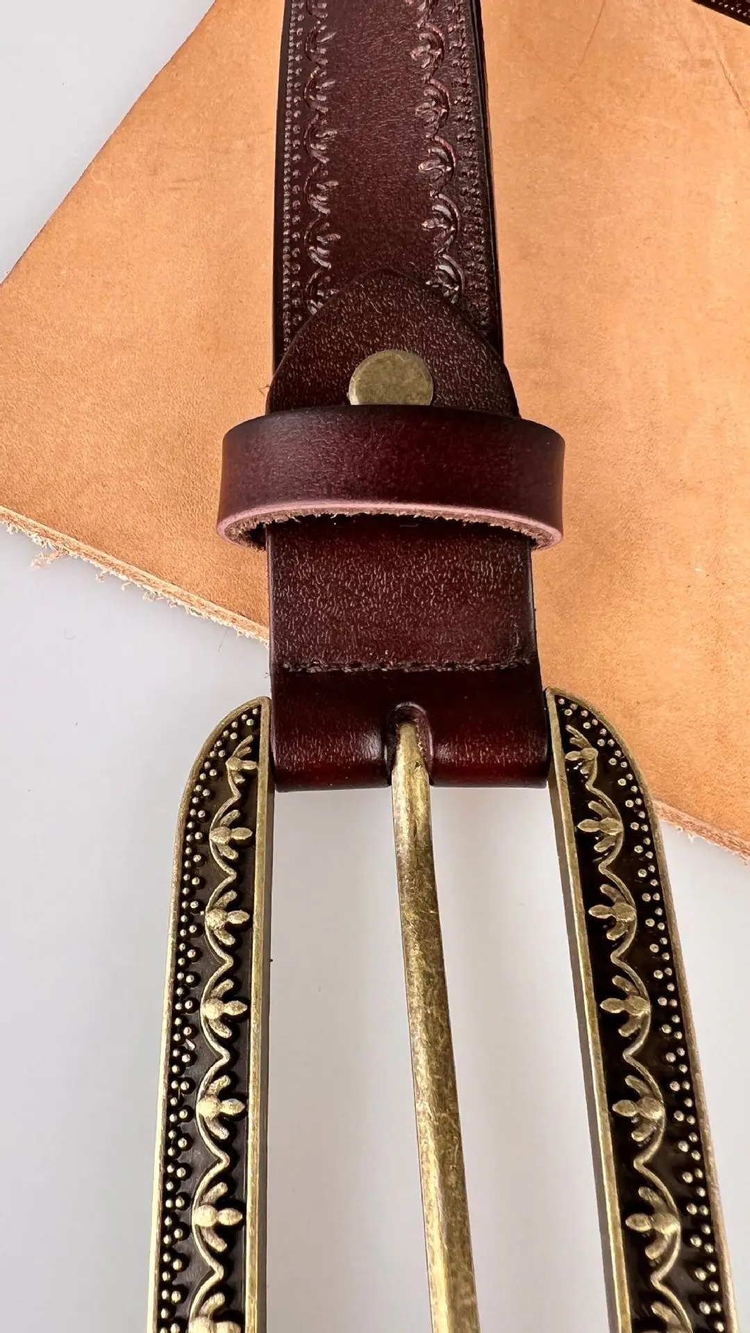 Red Distressed Leather Belt with Gold Buckle — feature 1