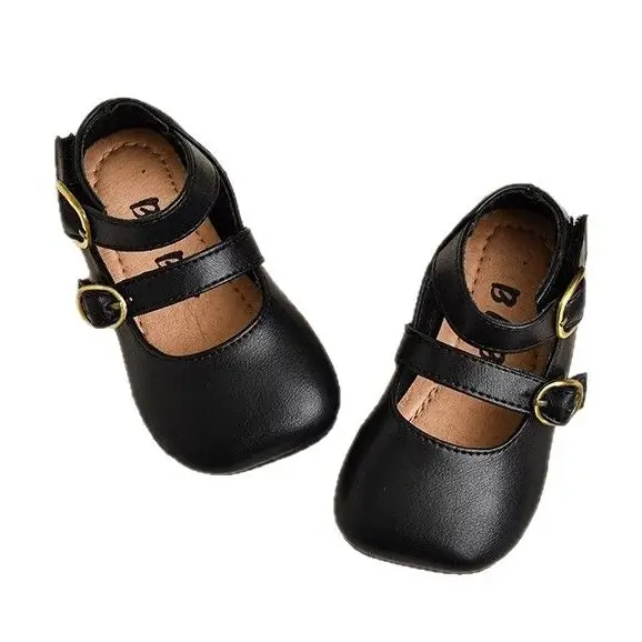 Black Princess Baby Shoes with Gold Buckle Sole