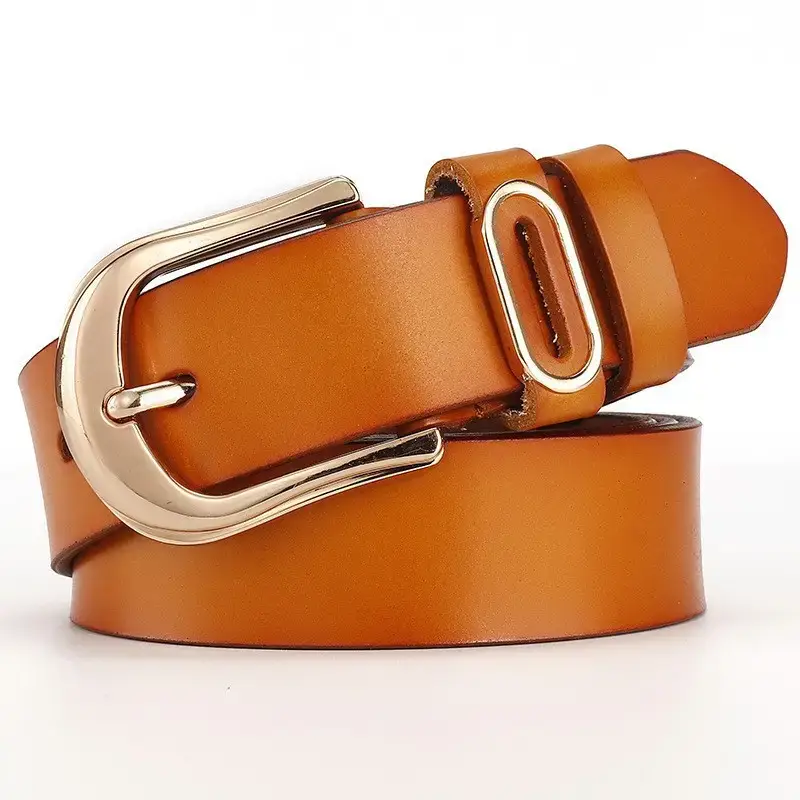 Women's Brown Genuine Leather Belt with Gold Buckle - Image 8