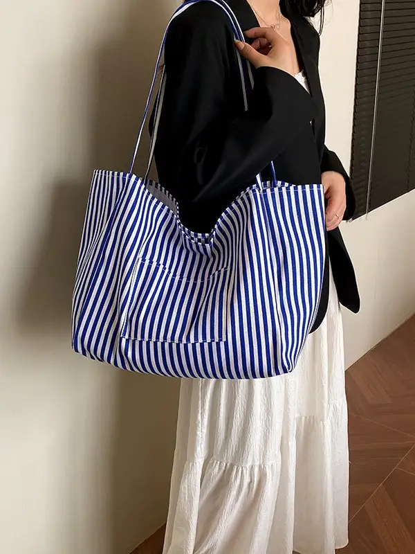 Women Striped Canvas Tote Bag Large Capacity 2025 - Image 6
