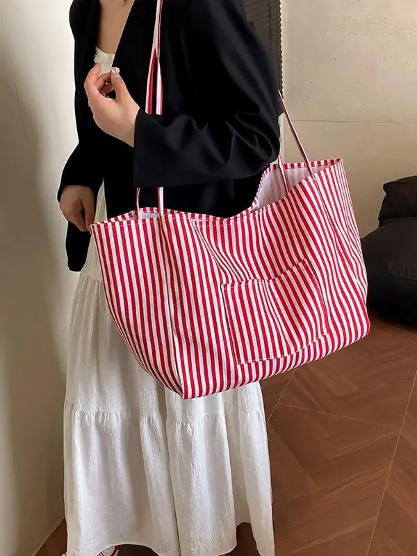 Women Striped Canvas Tote Bag Large Capacity 2025 - Image 7