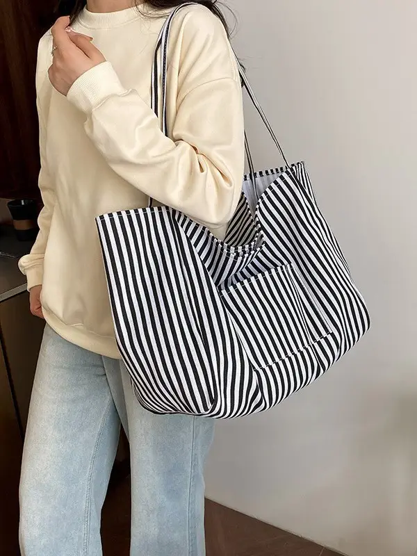 Women Striped Canvas Tote Bag Large Capacity 2025 - Image 8