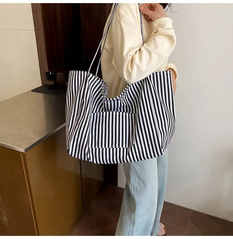 Women Striped Canvas Tote Bag Large Capacity 2025 — feature 13