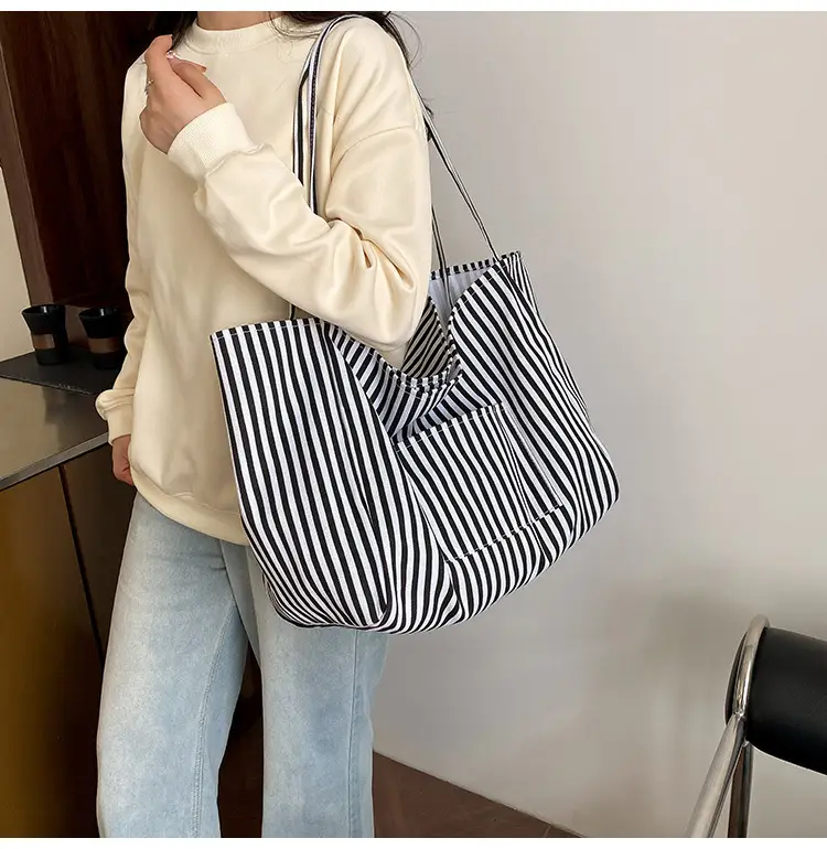 Women Striped Canvas Tote Bag Large Capacity 2025 — feature 15