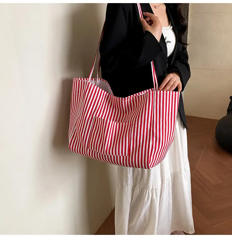 Women Striped Canvas Tote Bag Large Capacity 2025 — feature 4