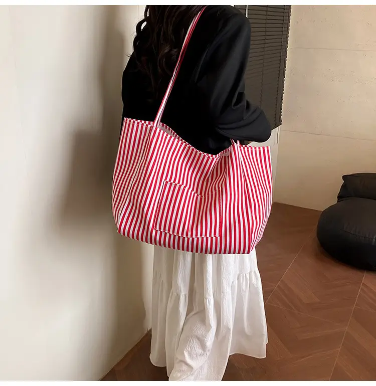 Women Striped Canvas Tote Bag Large Capacity 2025 — feature 5