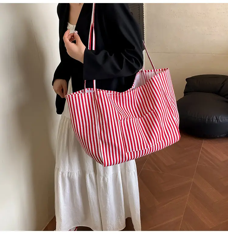 Women Striped Canvas Tote Bag Large Capacity 2025 — feature 6