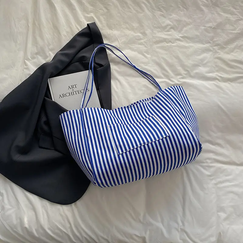 Women Striped Canvas Tote Bag Large Capacity 2025 - Image 2