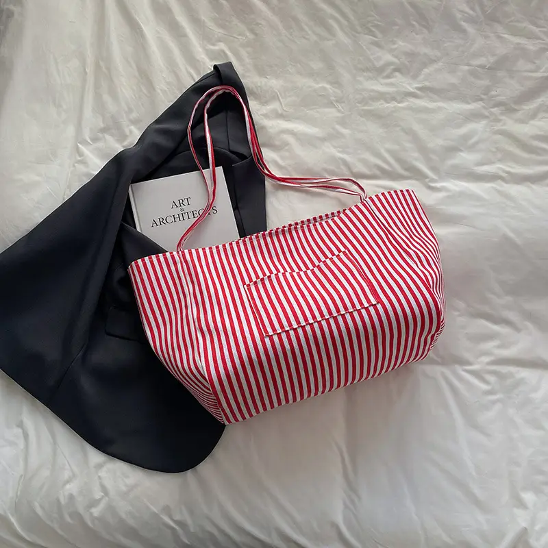 Women Striped Canvas Tote Bag Large Capacity 2025 - Image 3
