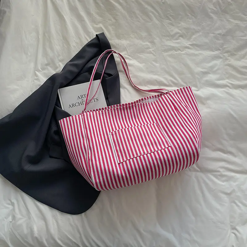 Women Striped Canvas Tote Bag Large Capacity 2025 - Image 4