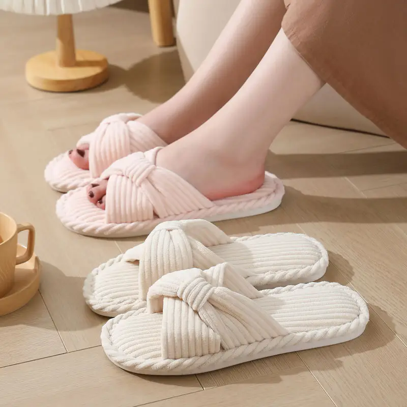 Cross-border New Corduroy Cross Cotton Slippers Autumn and Winter Household Wholesale Indoor Home Warm Slippers Women's Winter — feature 2