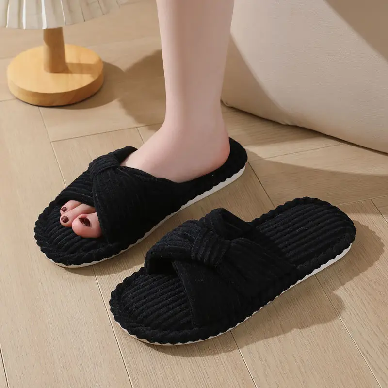 Cross-border New Corduroy Cross Cotton Slippers Autumn and Winter Household Wholesale Indoor Home Warm Slippers Women's Winter — feature 3