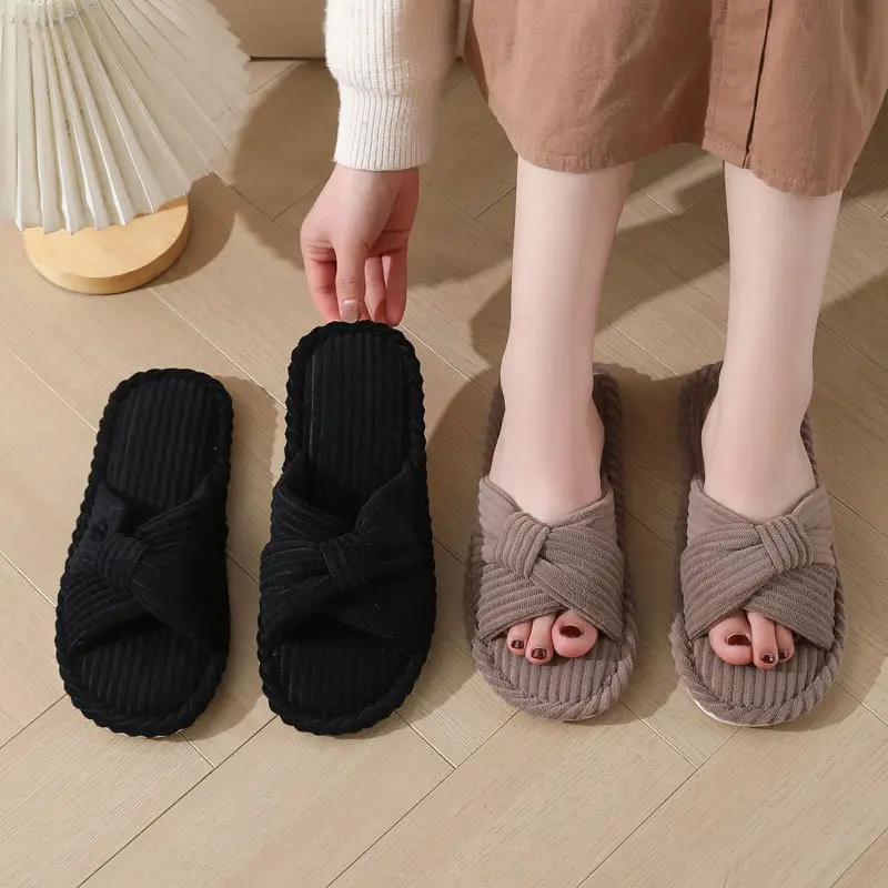 Cross-border New Corduroy Cross Cotton Slippers Autumn and Winter Household Wholesale Indoor Home Warm Slippers Women's Winter — feature 6