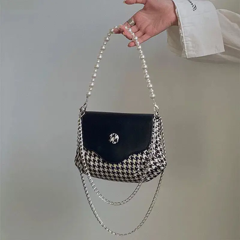 Black Houndstooth Chain Shoulder Bag for Women