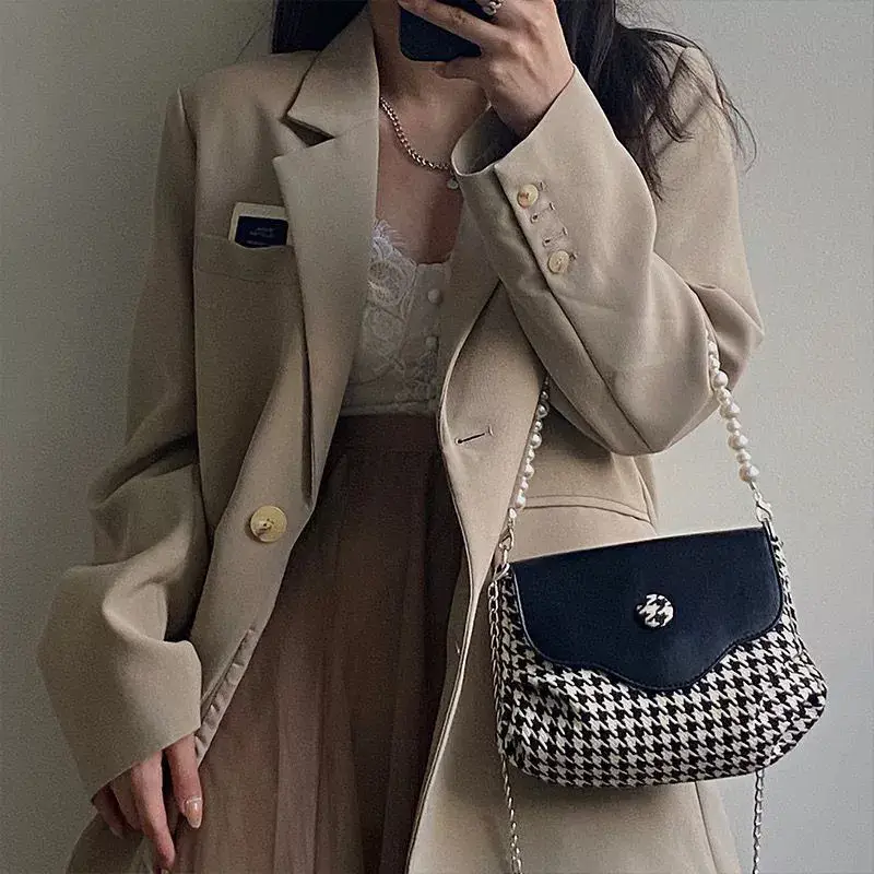 Black Houndstooth Chain Shoulder Bag for Women