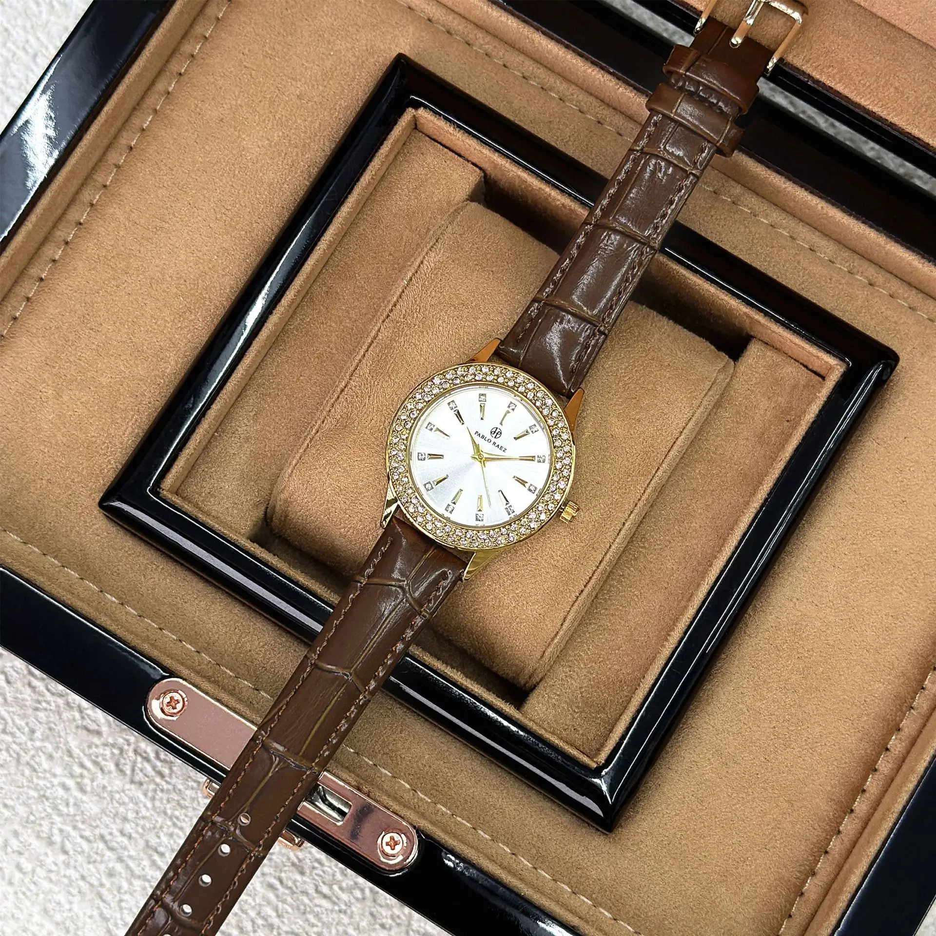 Gold Diamond Women's Quartz Watch with Brown Leather Strap - Image 4
