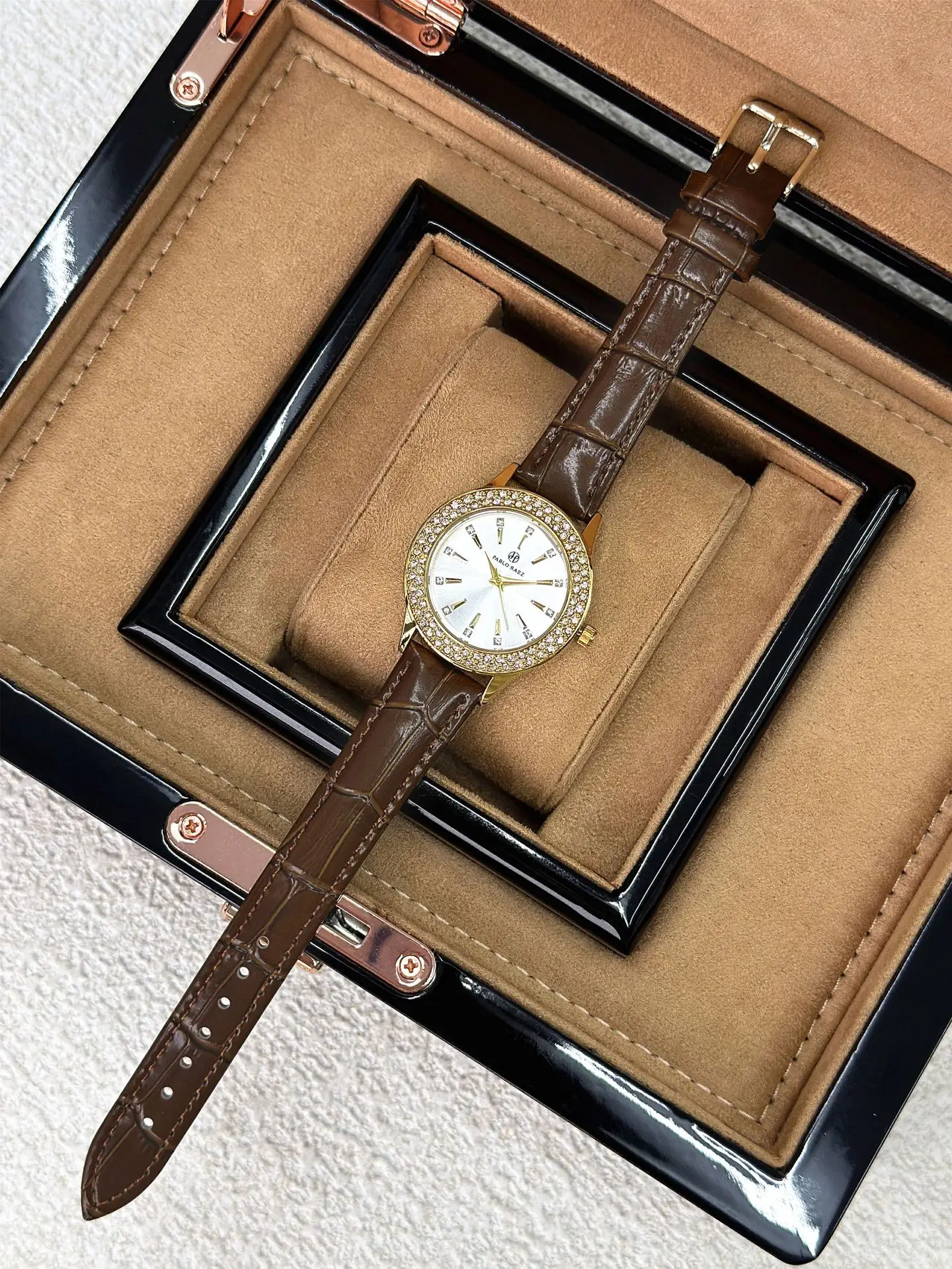 Gold Diamond Women's Quartz Watch with Brown Leather Strap — feature 11