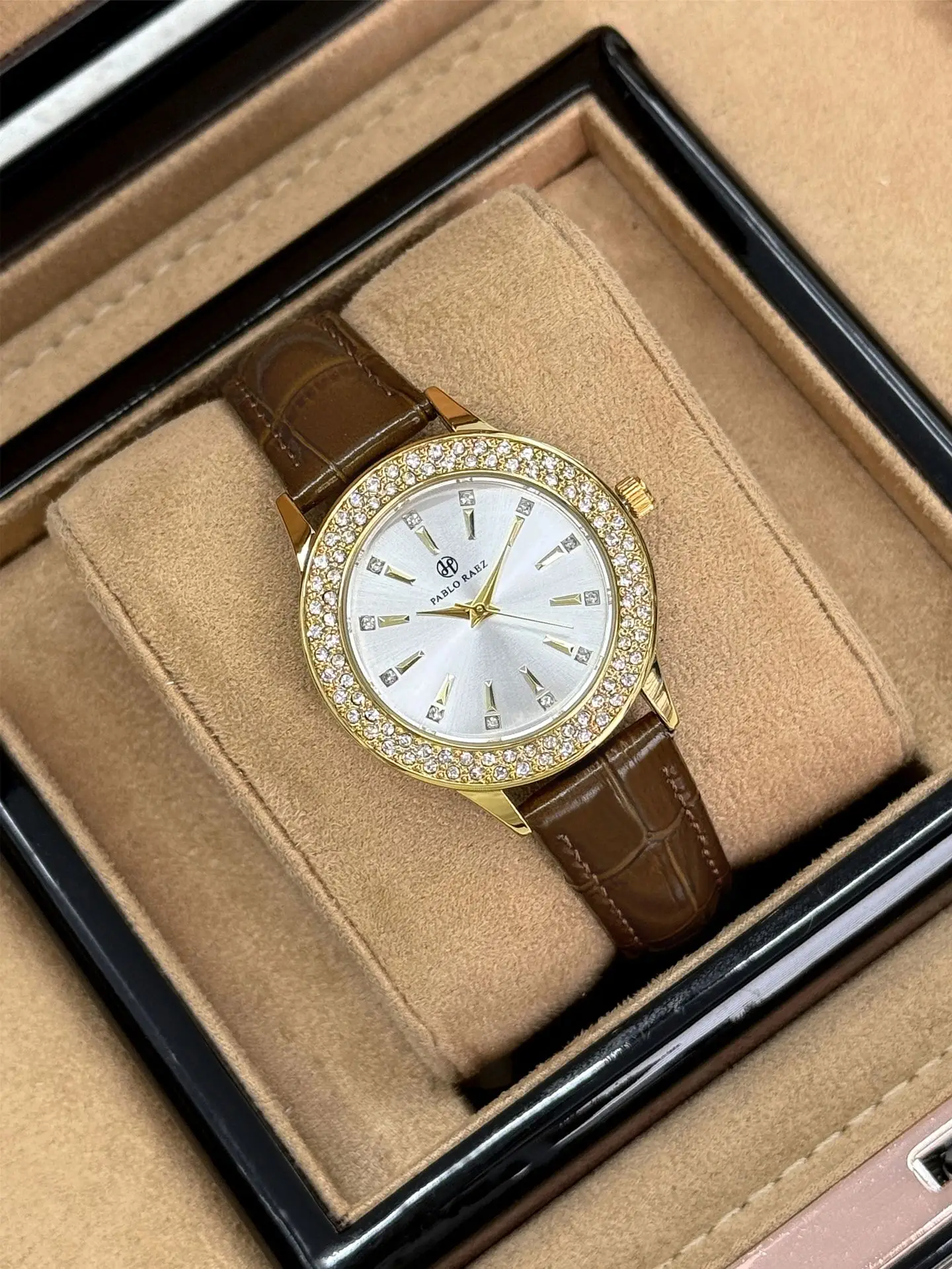 Gold Diamond Women's Quartz Watch with Brown Leather Strap — feature 12