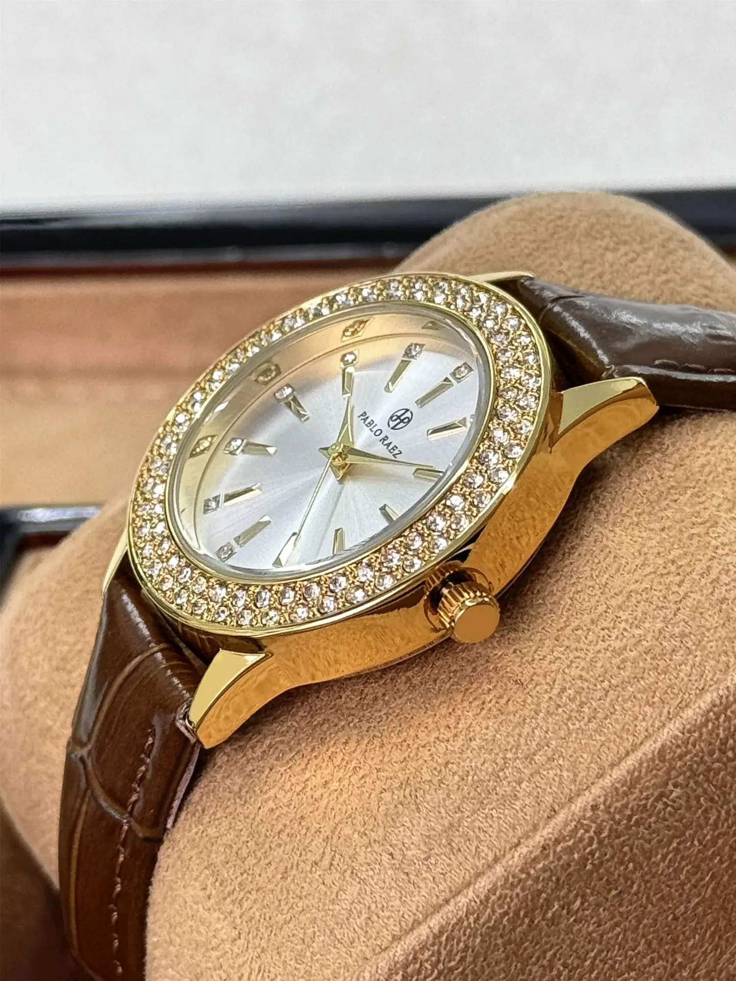 Gold Diamond Women's Quartz Watch with Brown Leather Strap — feature 14