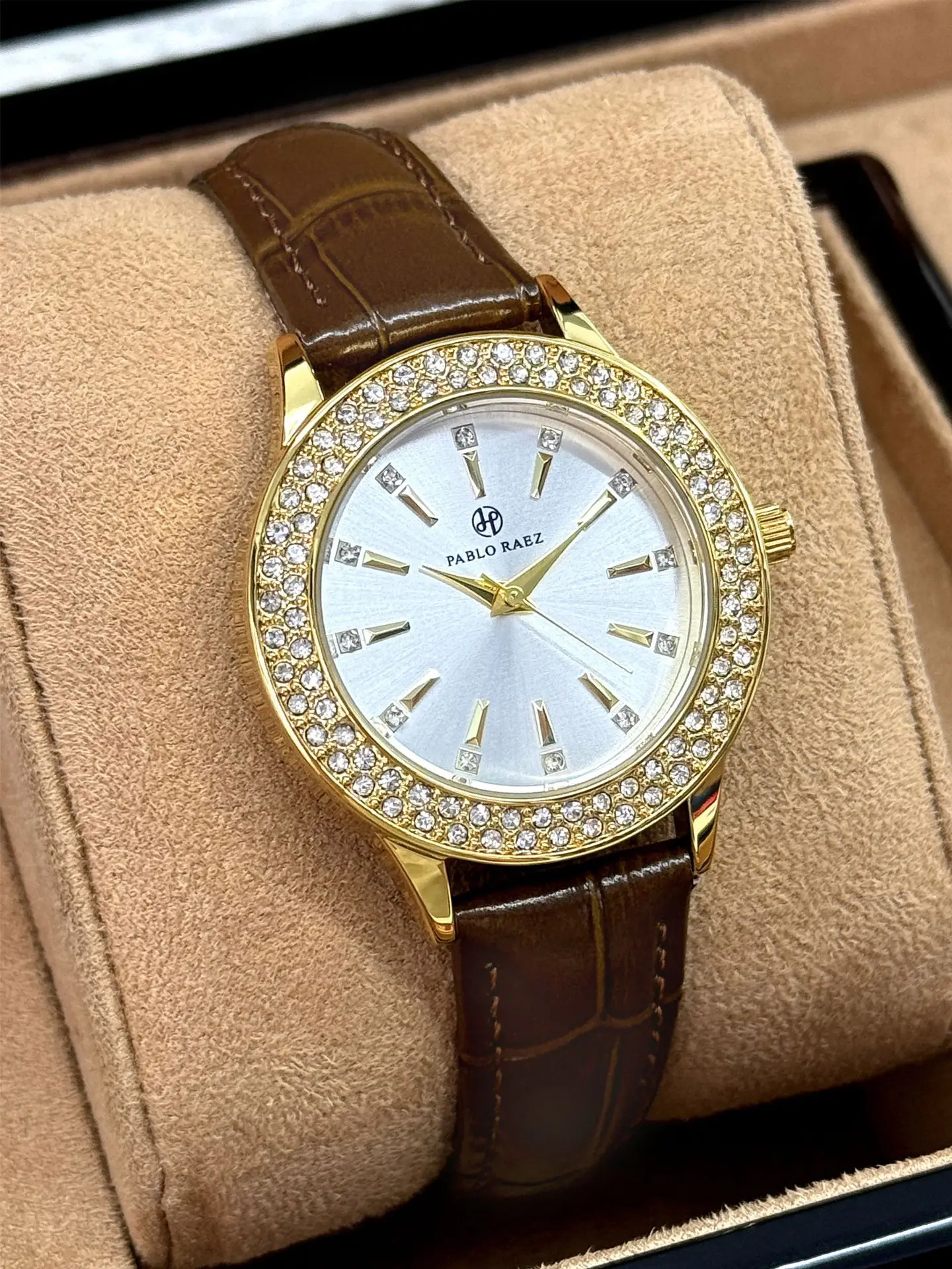 Gold Diamond Women's Quartz Watch with Brown Leather Strap — feature 8
