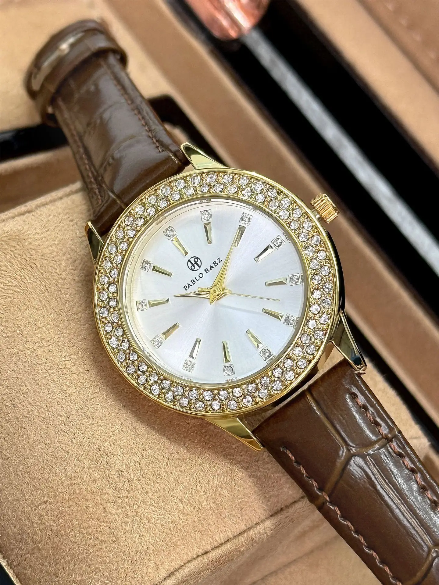 Gold Diamond Women's Quartz Watch with Brown Leather Strap — feature 9