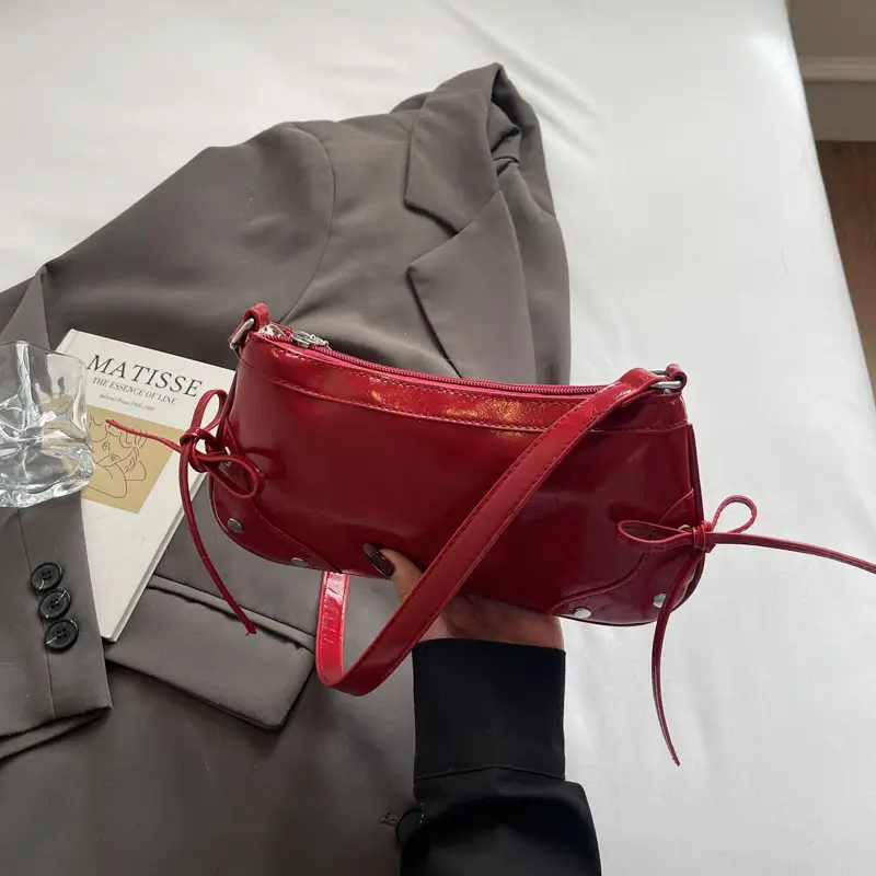 Red Rivet Bow Handbag for Women Large Capacity - Image 5