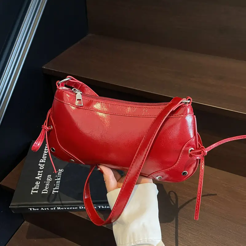 Red Rivet Bow Handbag for Women Large Capacity - Image 3