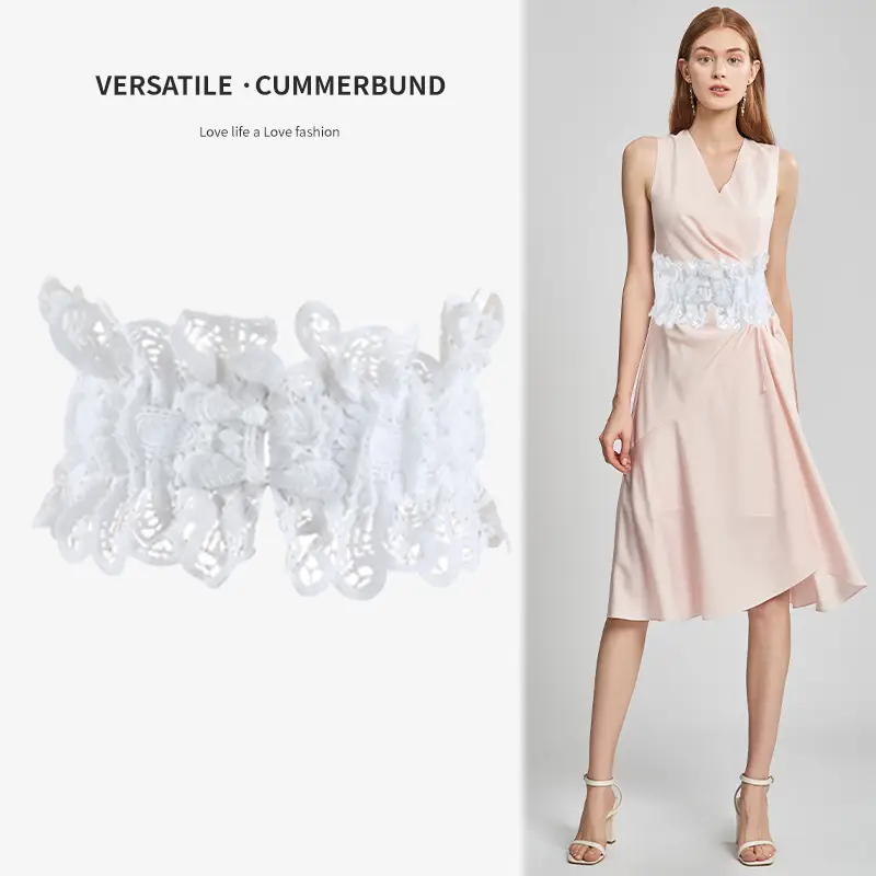 White Lace Wide Belt with Ribbon for Women — feature 4