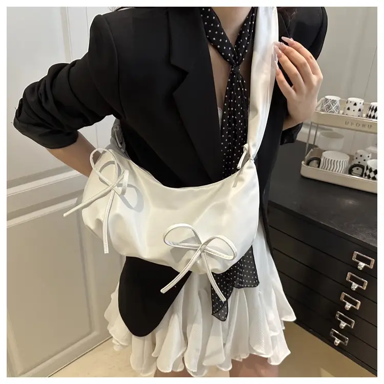 Women's White Drawstring Bow Crossbody Bag Large Capacity — feature 9